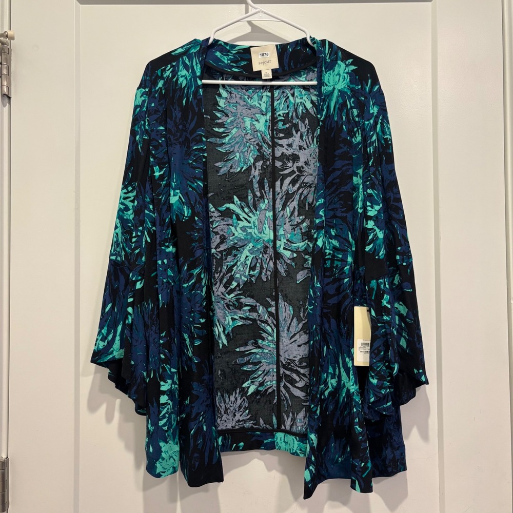 Sejour Nordstrom Women 1X Kimono Cardigan Teal Blue Floral Open Front SJ391918WN